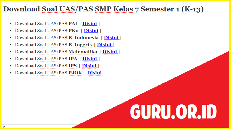 Download Soal PAS SMP Kelas 7 Semester 1 (K-13)